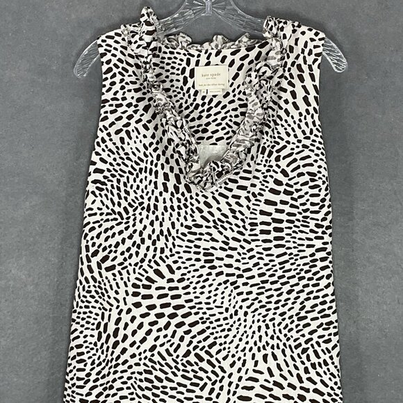 Kate Spade Dress Women Sz M 100% Linen Brushstroke Dot‎ Print Ruffle V-Neck Midi - Picture 4 of 14